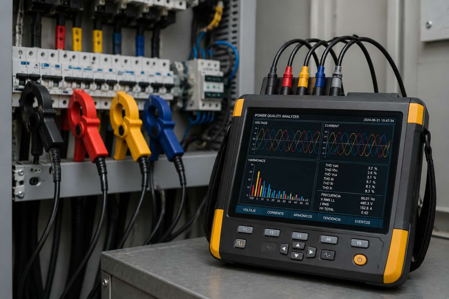 Analizador de calidad de energía conectado a tablero eléctrico
