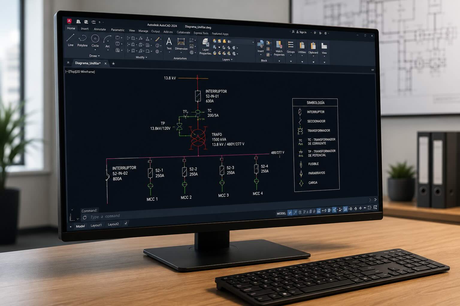 Pantalla con AutoCAD y planos eléctricos