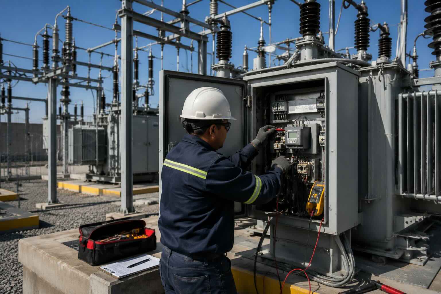 Ingeniero realizando mantenimiento a subestación eléctrica